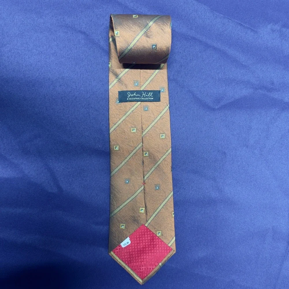 John Hill Executive‎ Mens Silk Tie Brown Geometric Striped Pattern Business